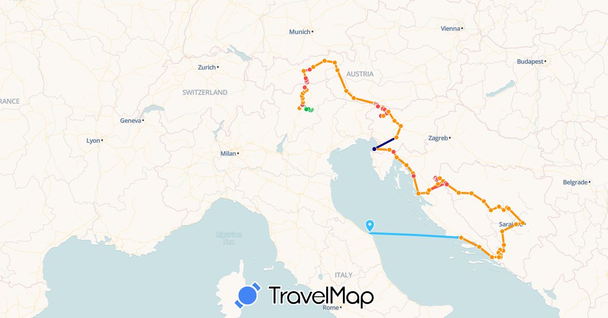 TravelMap itinerary: driving, bus, train, hiking, boat, hitchhiking in Austria, Bosnia and Herzegovina, France, Croatia, Italy, Slovenia (Europe)